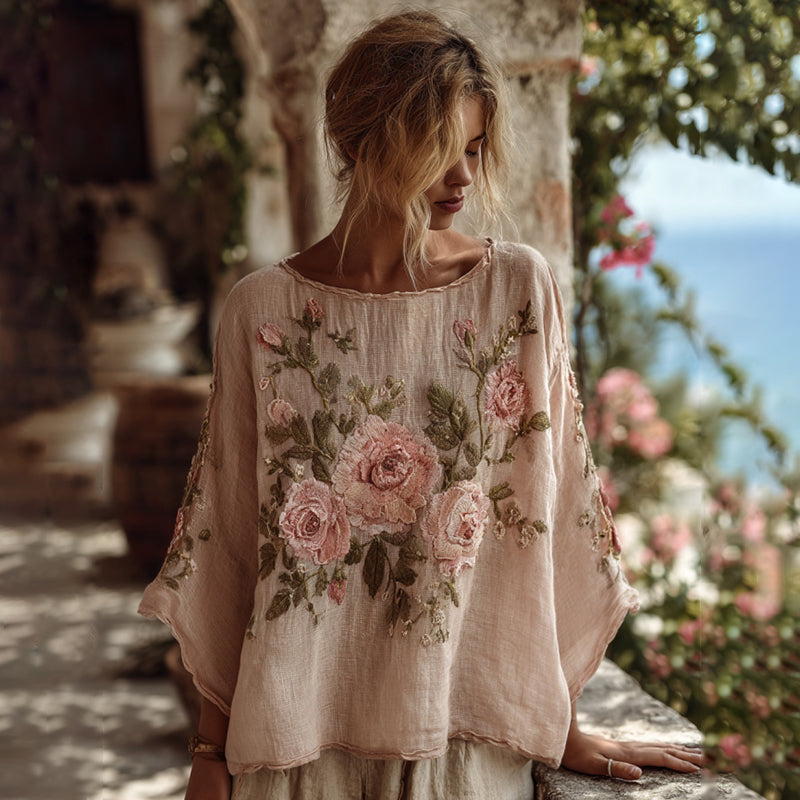 Vintage Pink Floral Pattern Linen V Neck T-shirt elevenforest