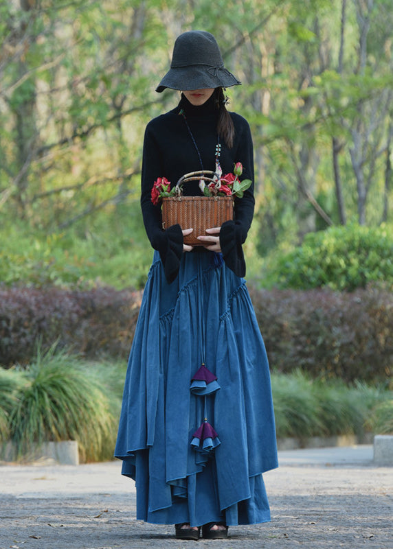 Blue Wrinkled Asymmetrical Lace Up Corduroy Skirt Spring