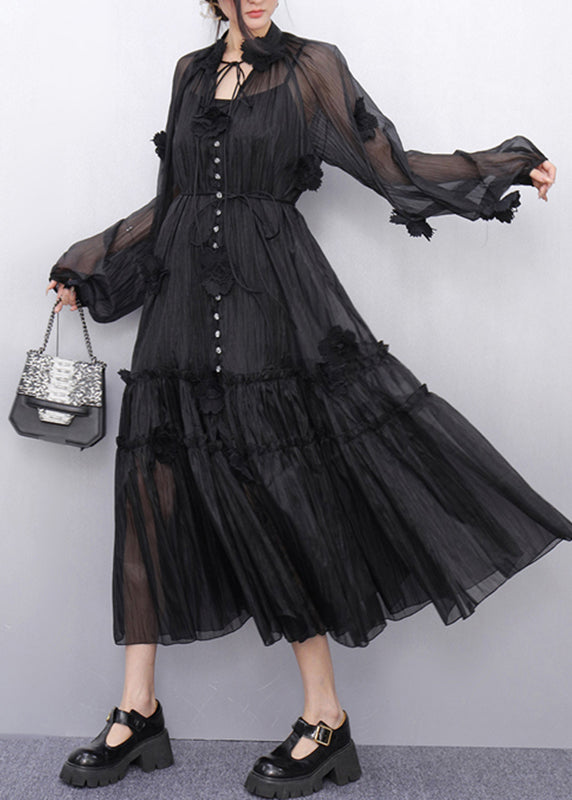 Black Stand Collar Ruffled Chiffon Long Dresses Fall