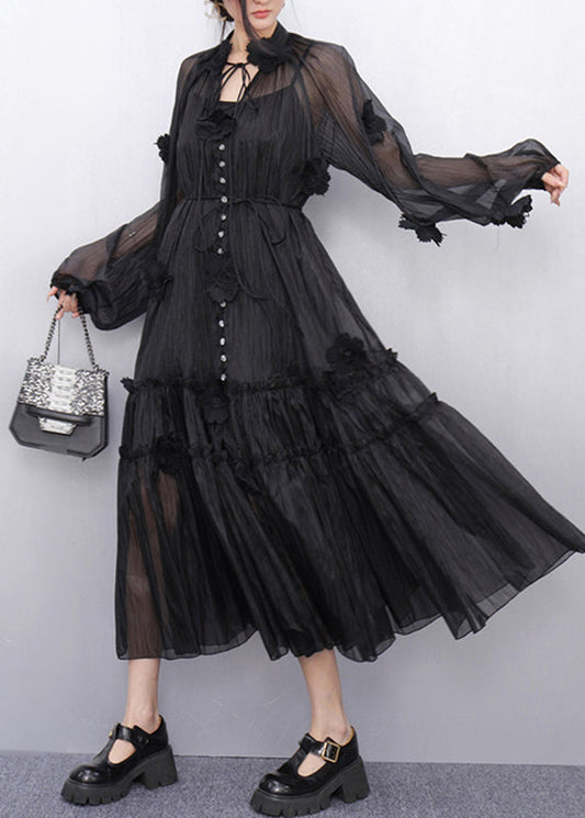 Black Stand Collar Ruffled Chiffon Long Dresses Fall