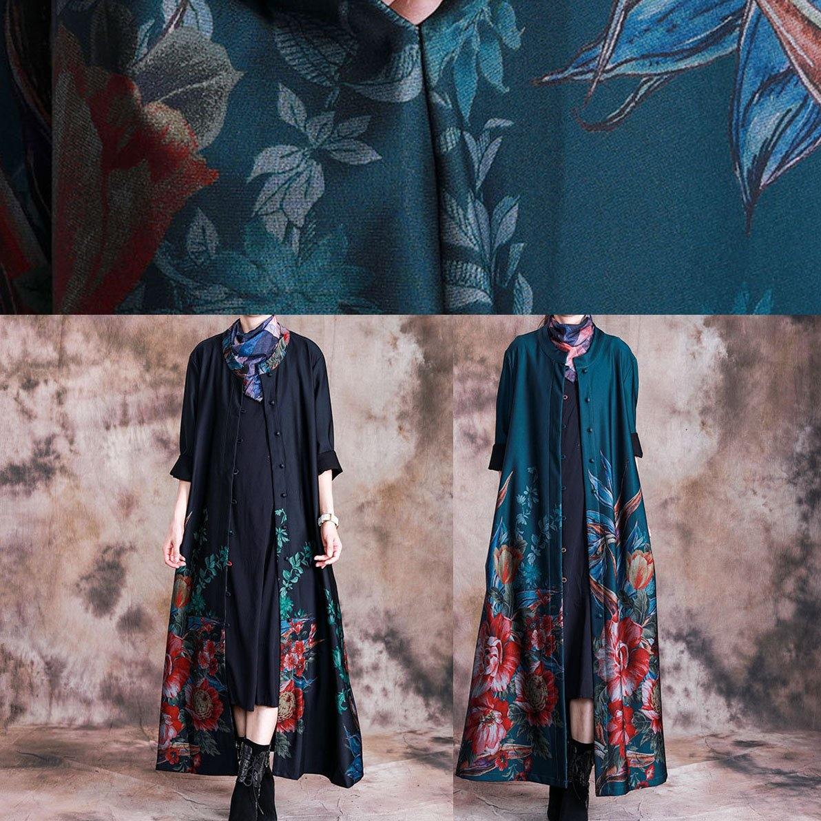 Green Print Coat Loose Fitting Long Fall Coats Button Down