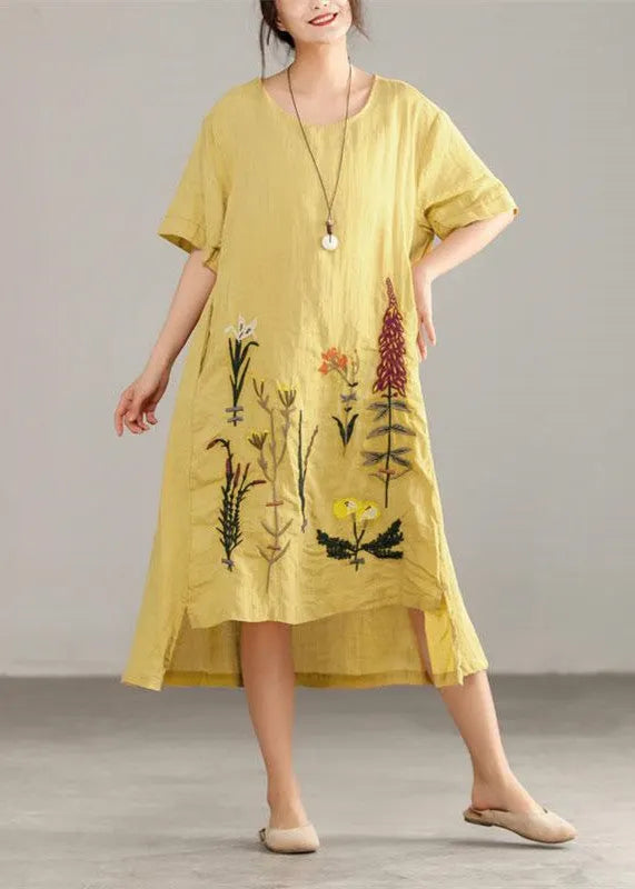 Italian Linen Cotton Dresses Printing Irregular Short Sleeve Yellow Dress