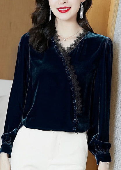 Blue Lace Patchwork Silk Velour Blouse Tops Long Sleeve