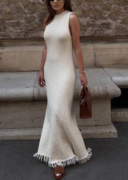European and American Style White Tasseled Patchwork Knit Long Dress Sleeveless