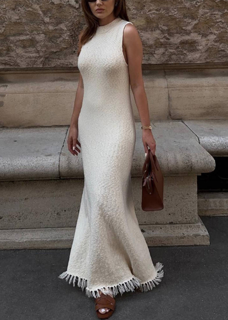 European and American Style White Tasseled Patchwork Knit Long Dress Sleeveless