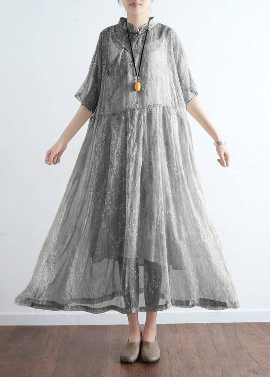 French Light Gray Cotton Dresses Mom Inspiration Stand Collar Art Summer Dress