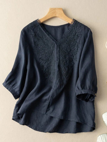 Embroidered V Neck 3/4 Sleeve Linen Tee Top