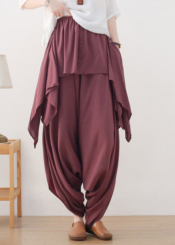 Red Asymmetrical Button Cotton Wide Leg Pants Skirt Fall