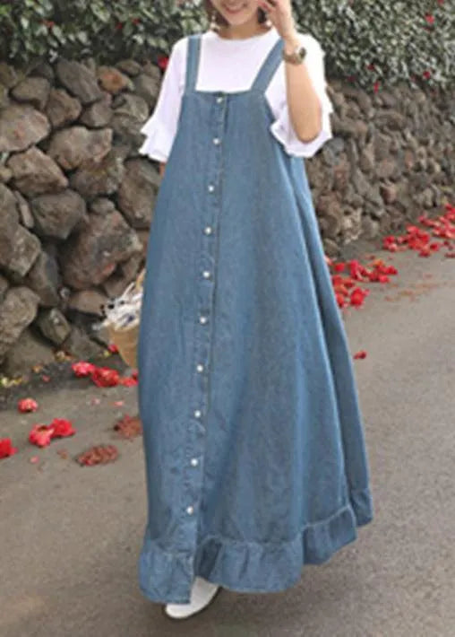 Denim Blue Quilting Dresses Spaghetti Strap Ruffles Loose Dresses