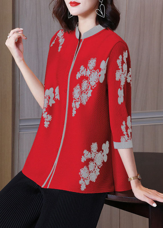 Pink Stand Collar Print Patchwork Button Shirts Bracelet Sleeve