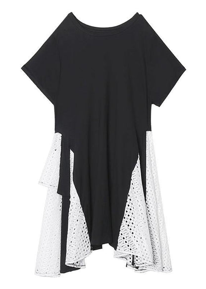 French Asymmetric O Neck Cotton Clothes Pattern Black Cotton Robes Dresses