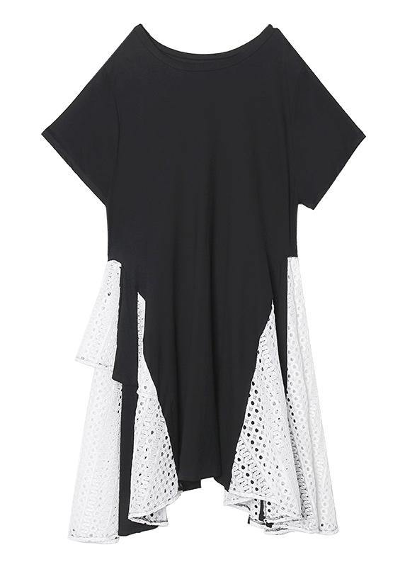French Asymmetric O Neck Cotton Clothes Pattern Black Cotton Robes Dresses