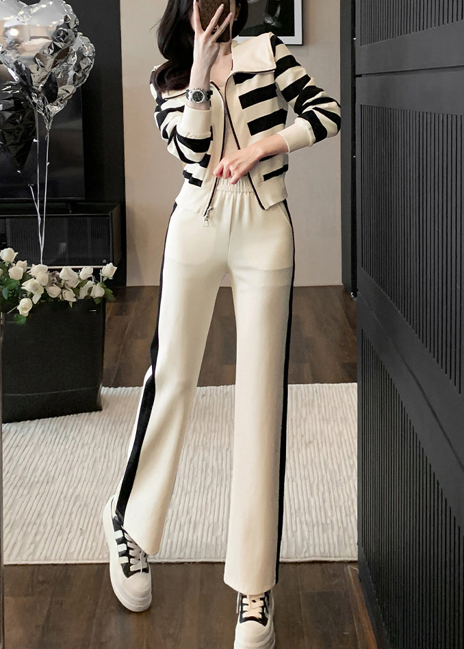 New Apricot Striped Zip Up Tops and Crop Pants Cotton Two Pieces Set Spring