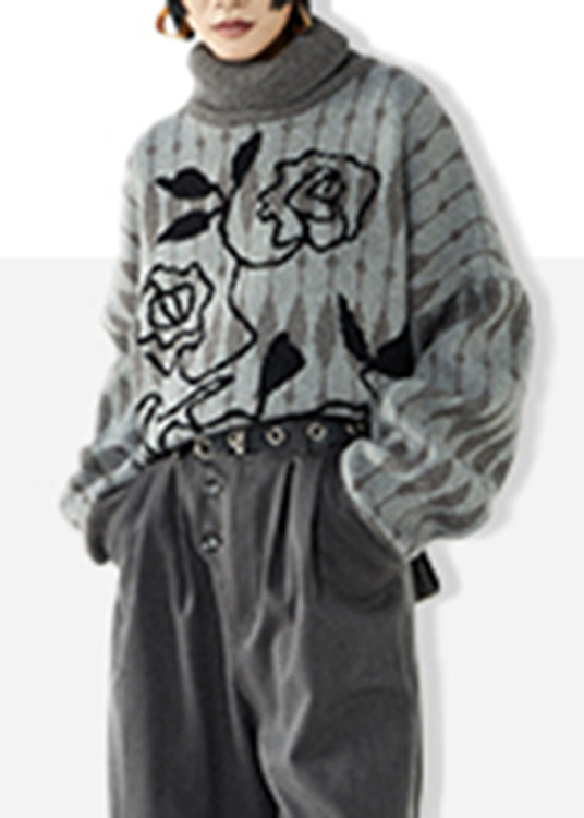 Grey Turtleneck Print Thick Knit Sweaters Fall