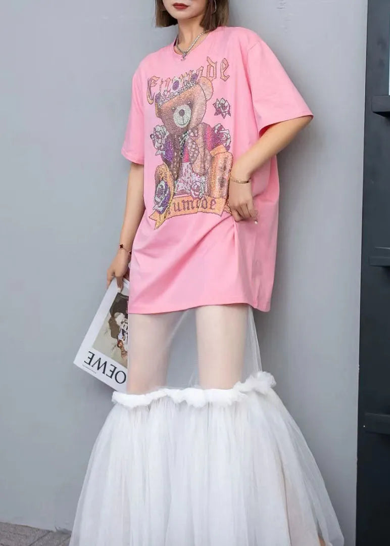 New Pink O-neck Print Cotton T Shirt Tops and Tulle Skirts Two Pieces Set Summer