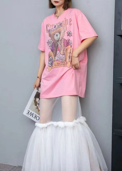 New Pink O-neck Print Cotton T Shirt Tops and Tulle Skirts Two Pieces Set Summer