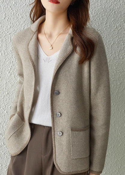 Diy Camel Notched Striped Patchwork Button Knit Coats Fall