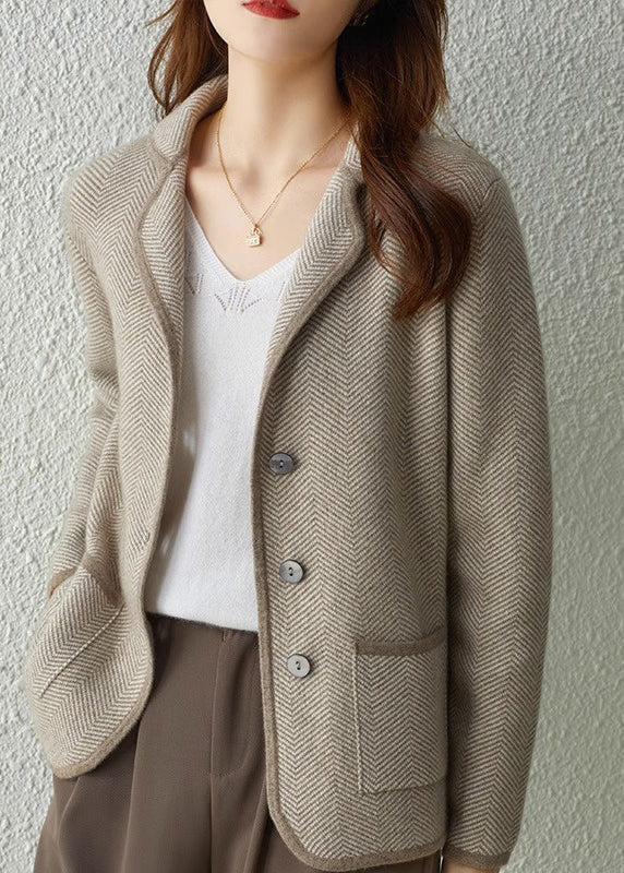 Diy Camel Notched Striped Patchwork Button Knit Coats Fall