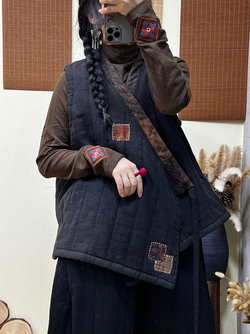 Winter Style Patch Loose Belt V-neck Vest