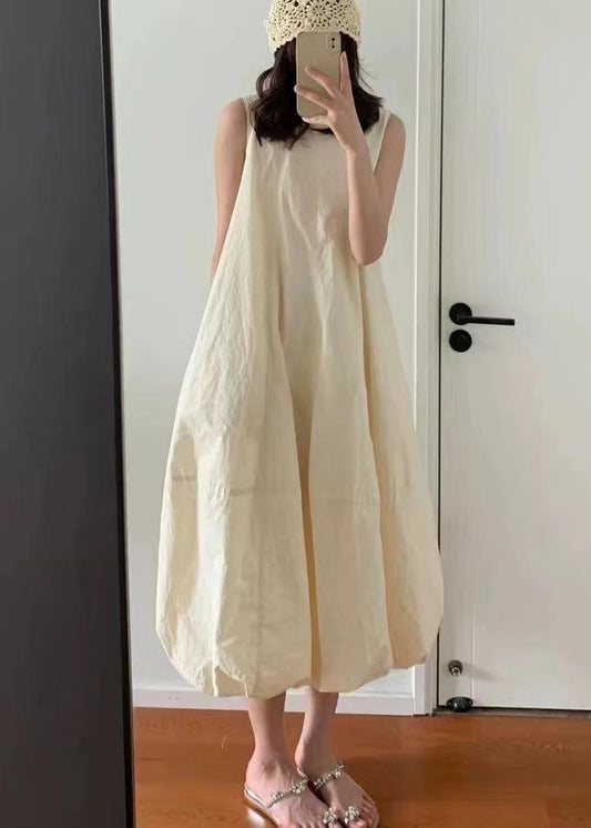 Fitted Beige O-neck Cotton Lantern Dress Sleeveless