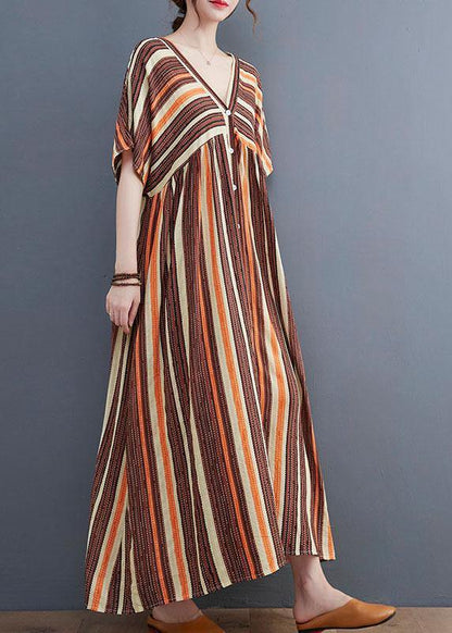 Orange Striped V Neck Patchwork Holiday Cotton Linen Dress