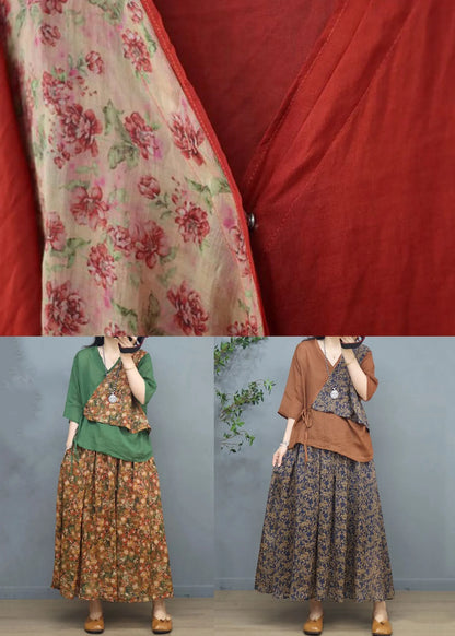 New Khaki Print Patchwork Tops and Skirts Cotton Two Pieces Set Summer