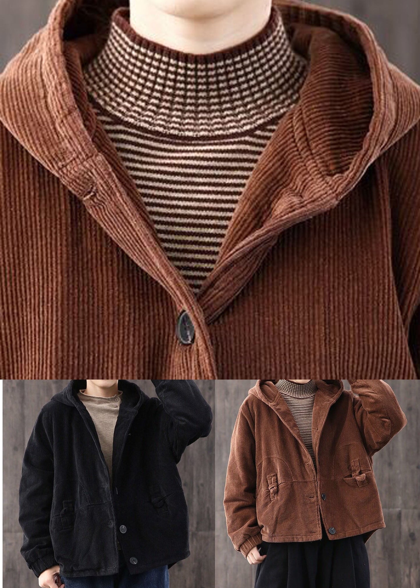 Coffee Thick Fine Cotton Filled Corduroy Hooded Coat Winter