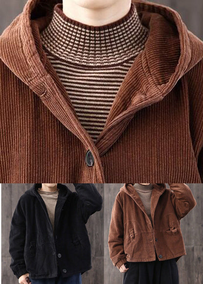 Coffee Thick Fine Cotton Filled Corduroy Hooded Coat Winter