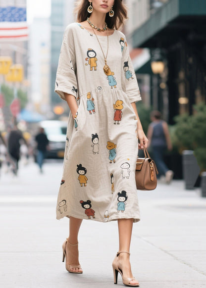Beige Character Print Cotton Long Dress Half Sleeve