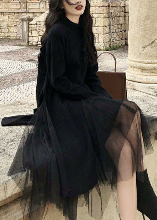 Art Black Asymmetrical Side Open Knit Sweater and Tulle Skirt Two Pieces Set Spring