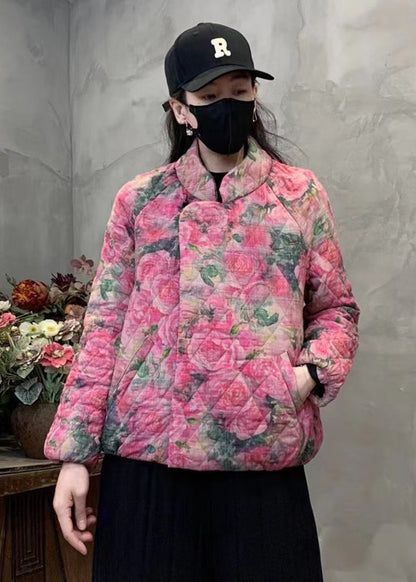 Pink Print Fine Cotton Filled Coat Mandarin Collar Winter