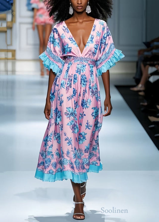Style Pink Deep-v Neck Print Silk Dress Summer