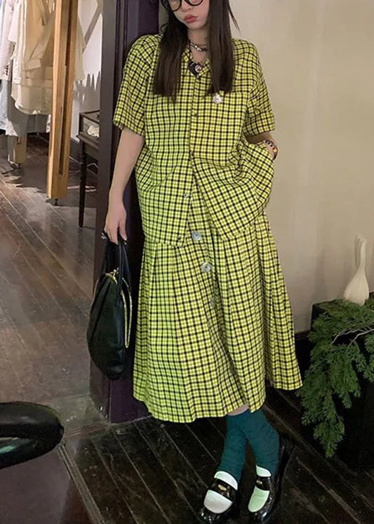 French Green Plaid Tops and Skirts Cotton Two Pieces Set Summer