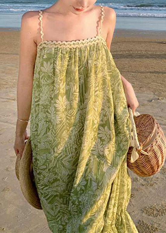 Green Print Cotton Spaghetti Strap Dress Summer