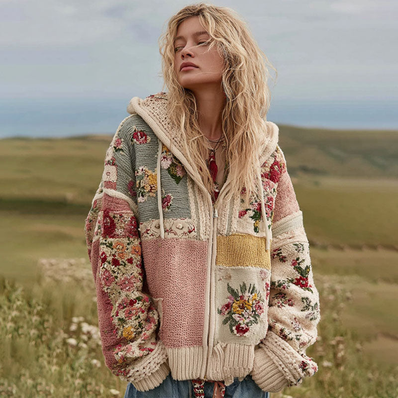 Comstylish Women's Vintage Floral Patchwork Cozy Zipper Knit Sweater Hooded