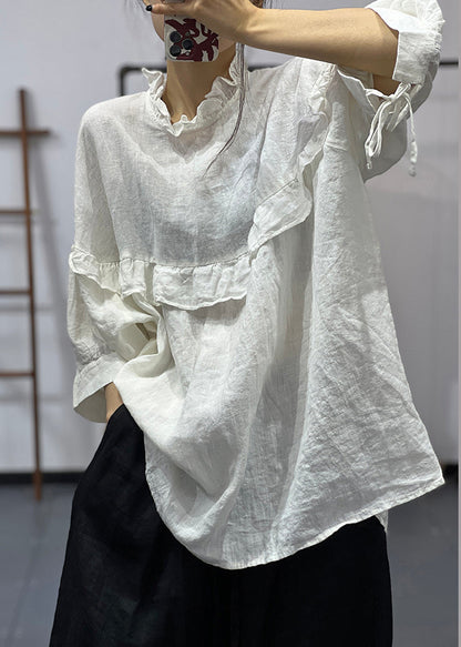 White Ruffled Oversized Cotton Blouses Half Sleeve