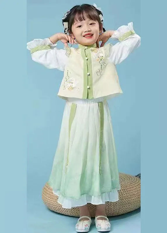 Yellow Green Stand Collar Embroideried Kids Top and Maxi Skirts Two Piece Set Fall