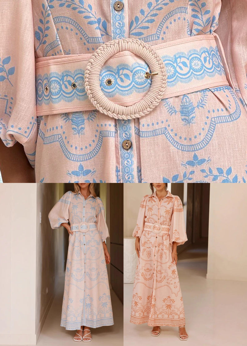 Blue Print Maxi Dresses Lantern Sleeve