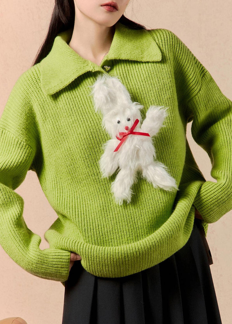 Green Peter Pan Collar Patchwork Knit Sweaters Winter