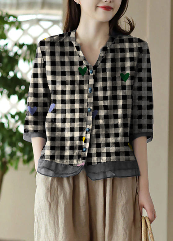 Blue V Neck Embroidered Ramie Shirt Half Sleeve
