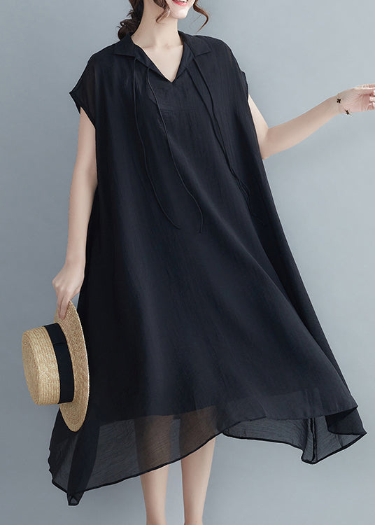 Black Peter Pan Collar Chiffon Holiday Dress Short Sleeve