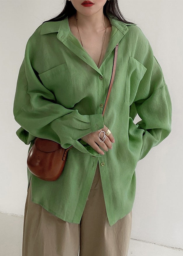 Green Button Pockets Cotton Blouses Fall