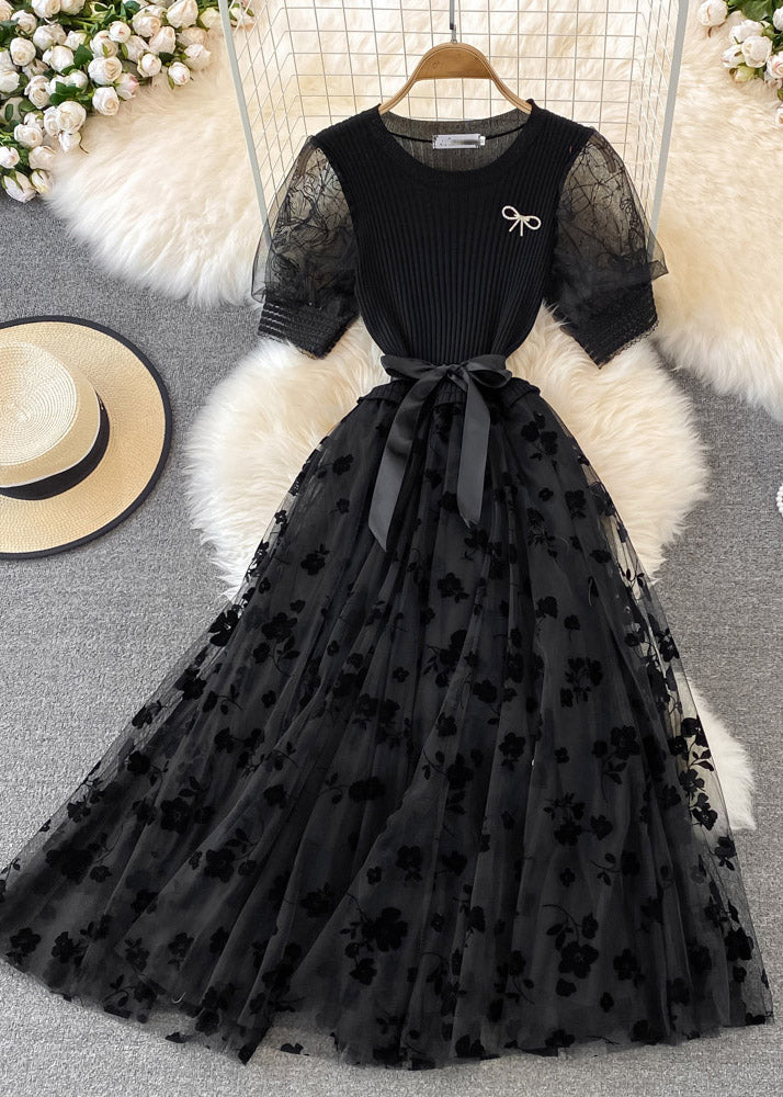 Apricot O-neck Embroidered Bow Tie Waist Knit Patchwork Tulle Maxi Dress Short Sleeve