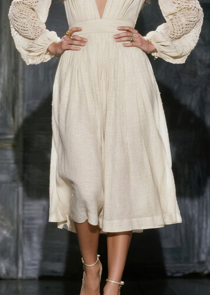 White V Neck Hollow Out Linen Maxi Dress Spring