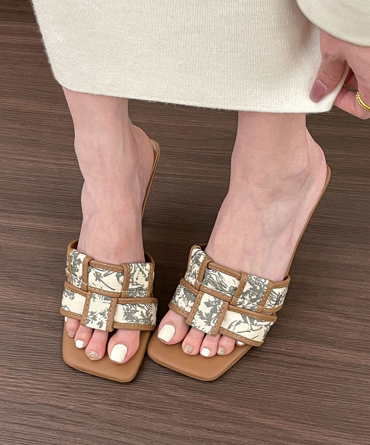 Black Print Splicing High Heel Slide Sandals Peep Toe
