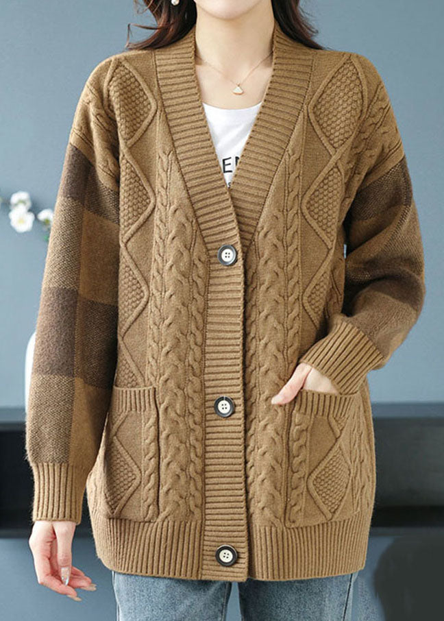 Camel V Neck Pockets Button Patchwork Knit Cardigan Fall