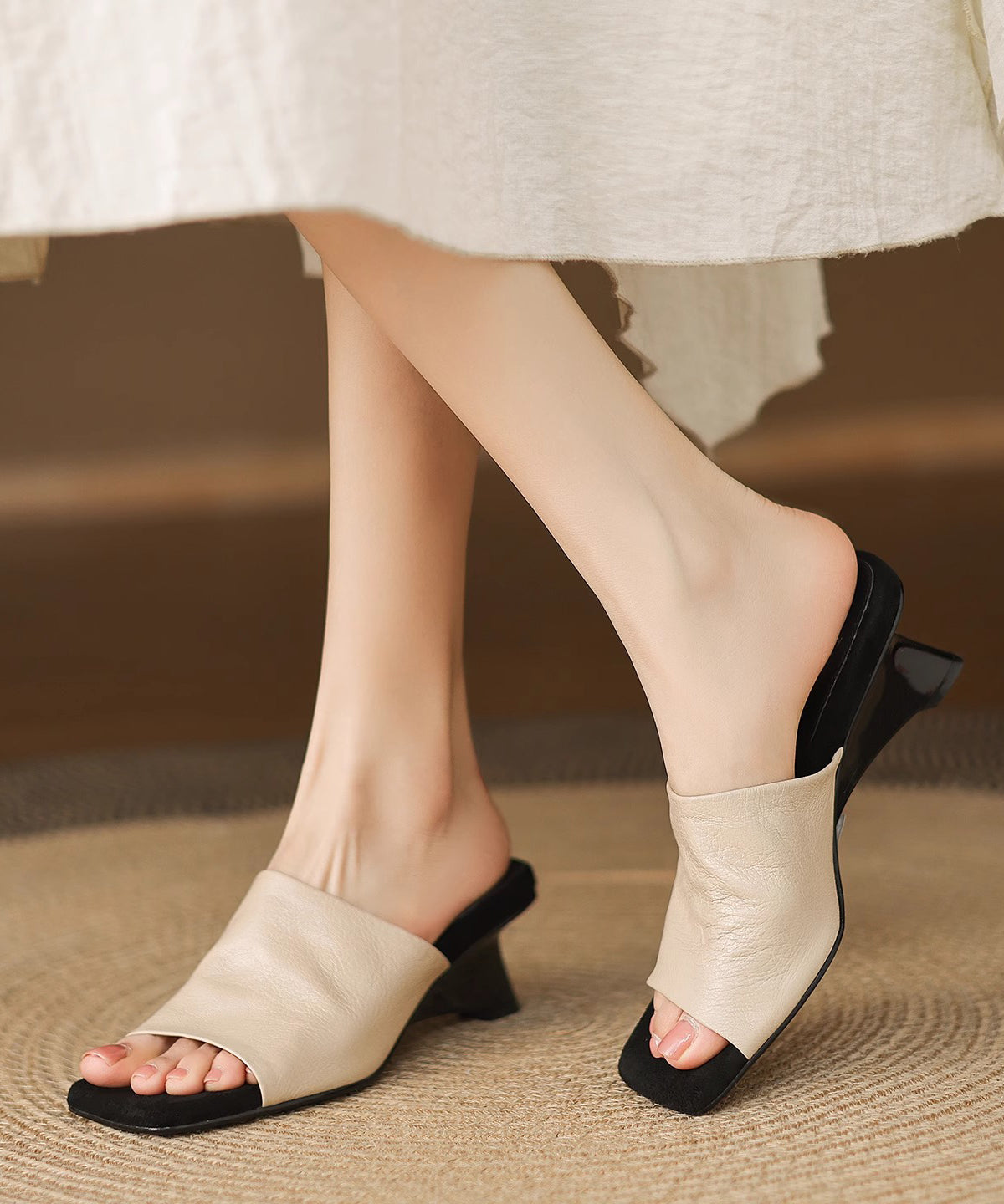 Black Chunky Sheepskin Slide Sandals Peep Toe