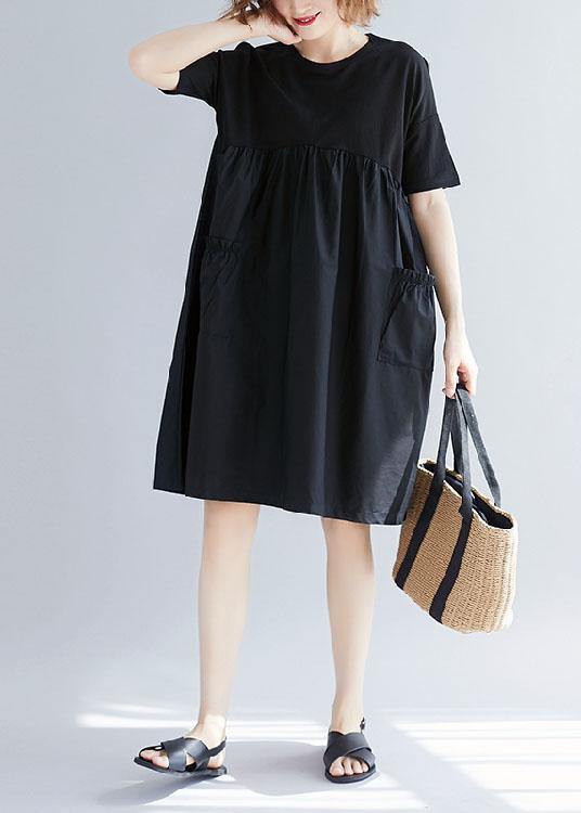 Black Cotton Blended O Neck Pockets Loose Summer Dresses