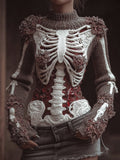 Women's Halloween Skeleton Art High Collar Sweater artswardrobe
