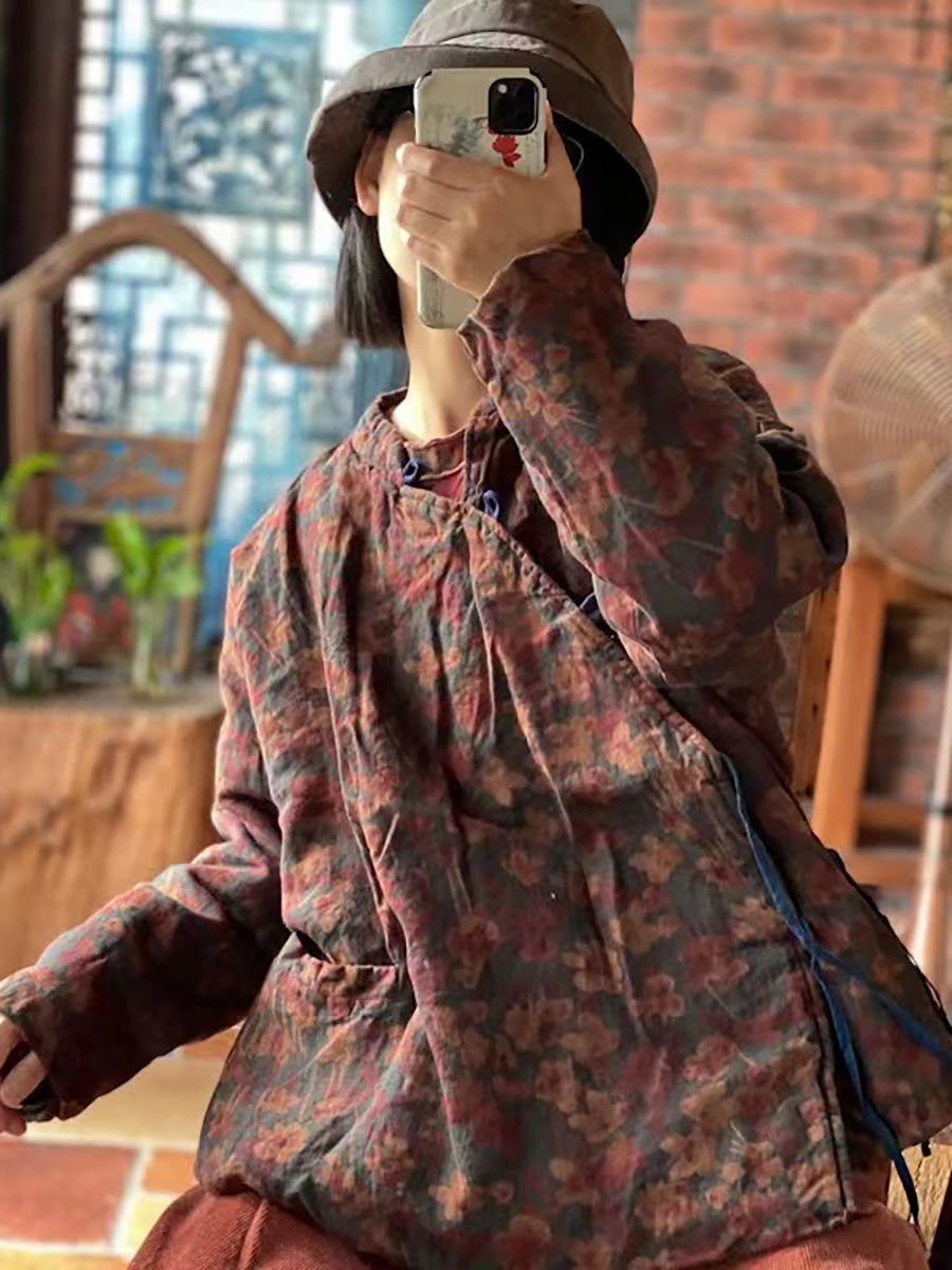 Stand Collar Print Pure Linen Loose Padded Coat